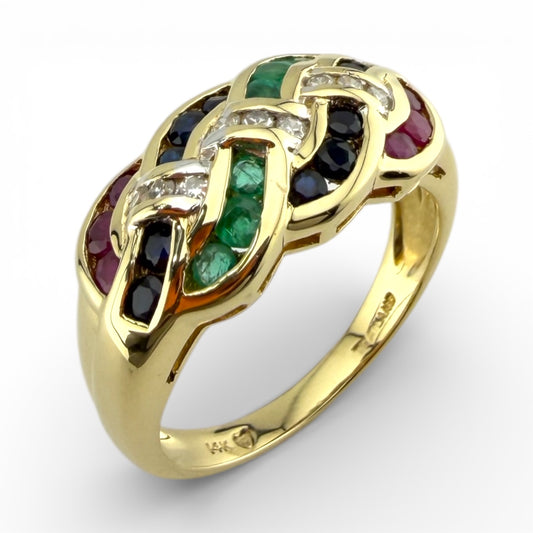 Yellow 14K Diamond, Emerald, Ruby, & Sapphire Ring
