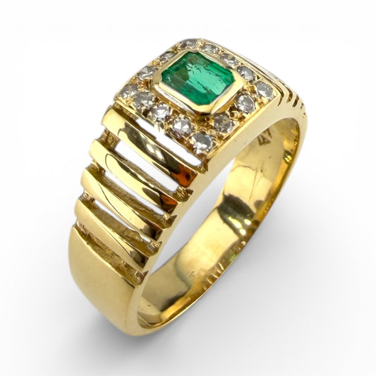 Yellow 18K Emerald & .15CTW Diamond Ring