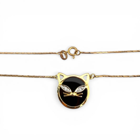 Yellow 14K Onyx & Diamond Cat Necklace