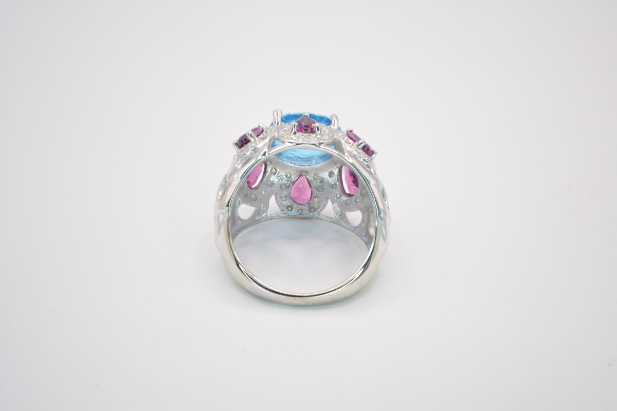10K Blue Topaz, Amethyst & .15CTW Dia Ring