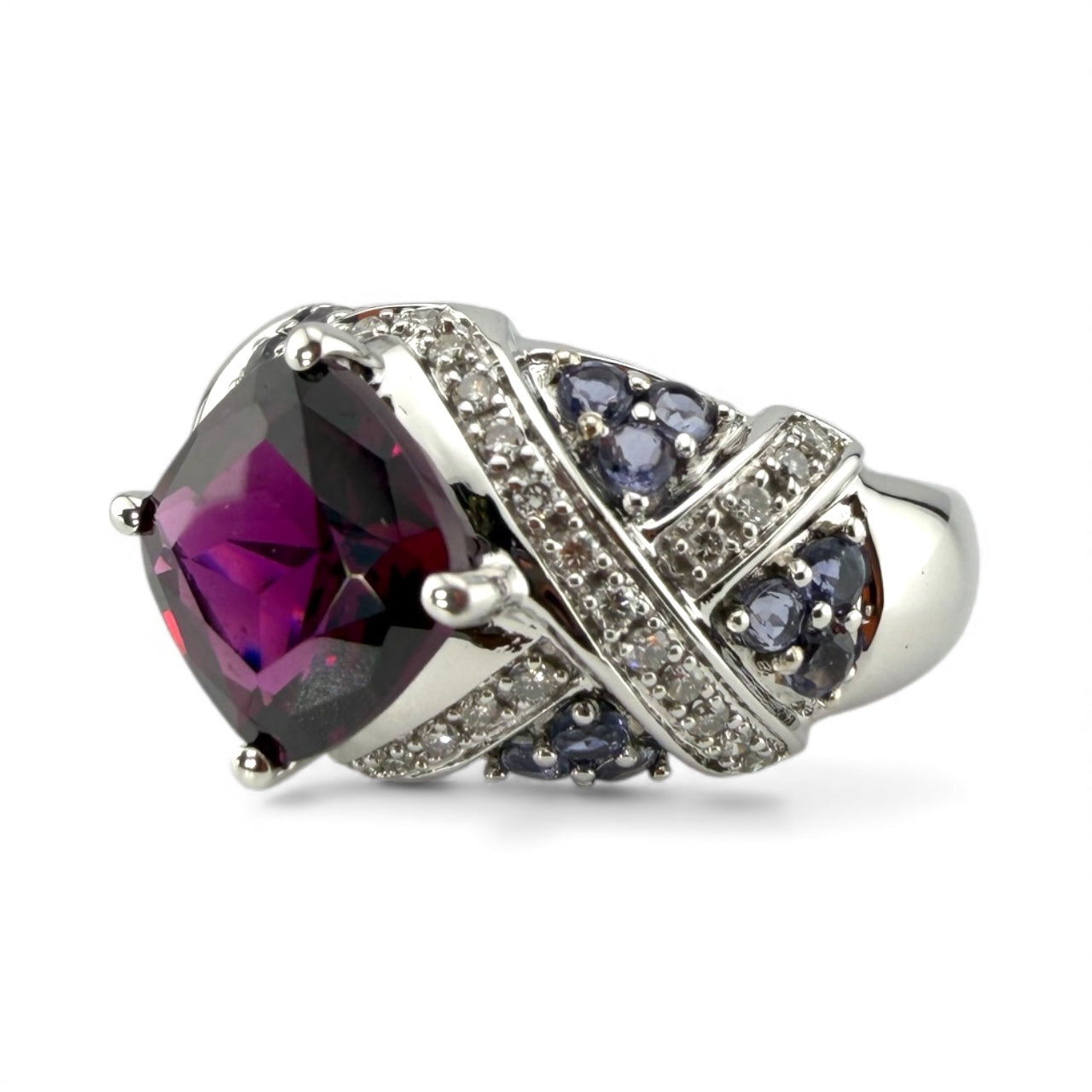 White 14K Garnet, Tanzanite, & Diamond Ring