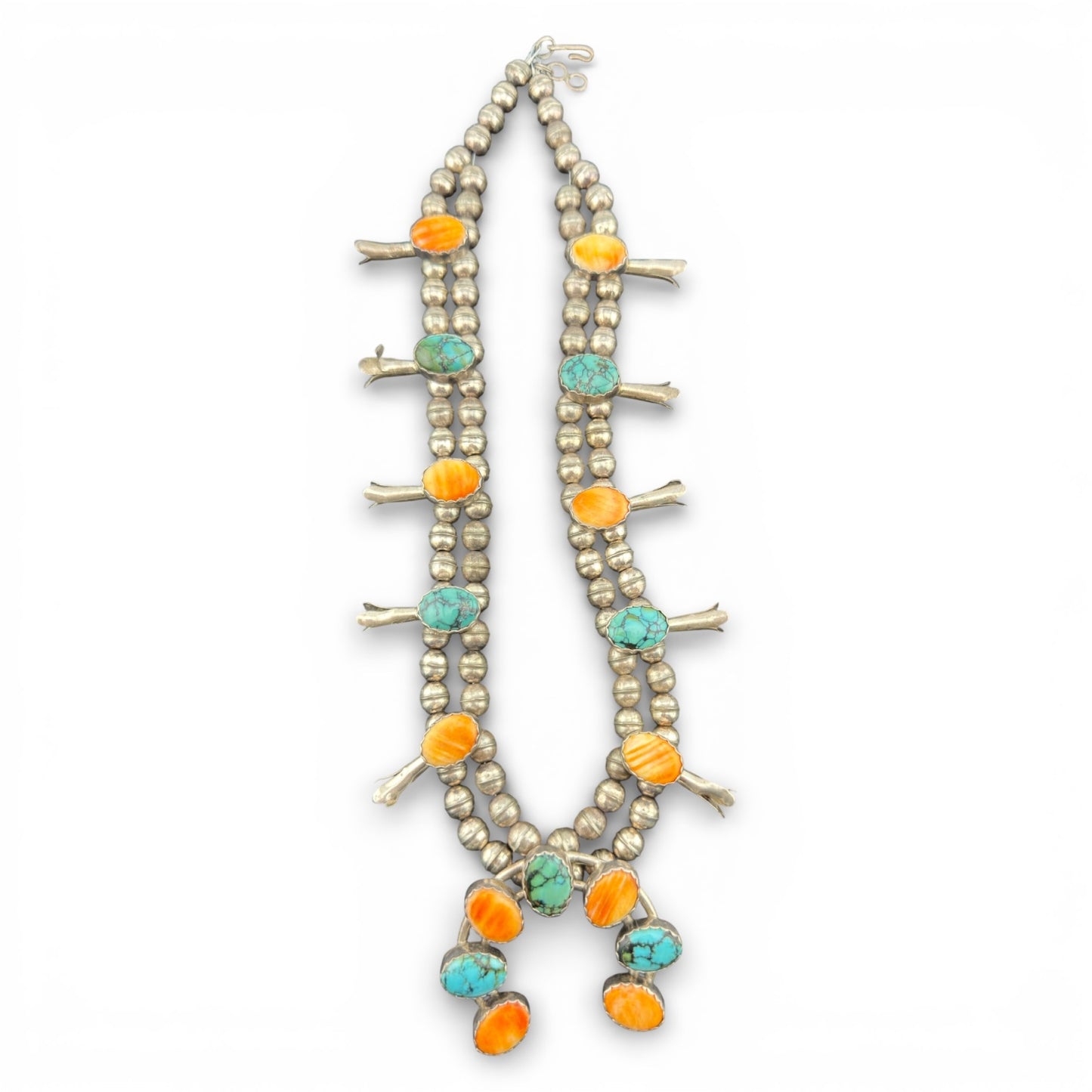 Sterling Silver Spiderweb Turquoise & Orange Spiny Oyster Squash Blossom Necklace