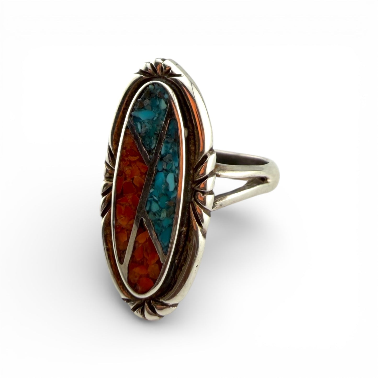 Old Pawn Silver Chipped Turquoise & Coral Ring