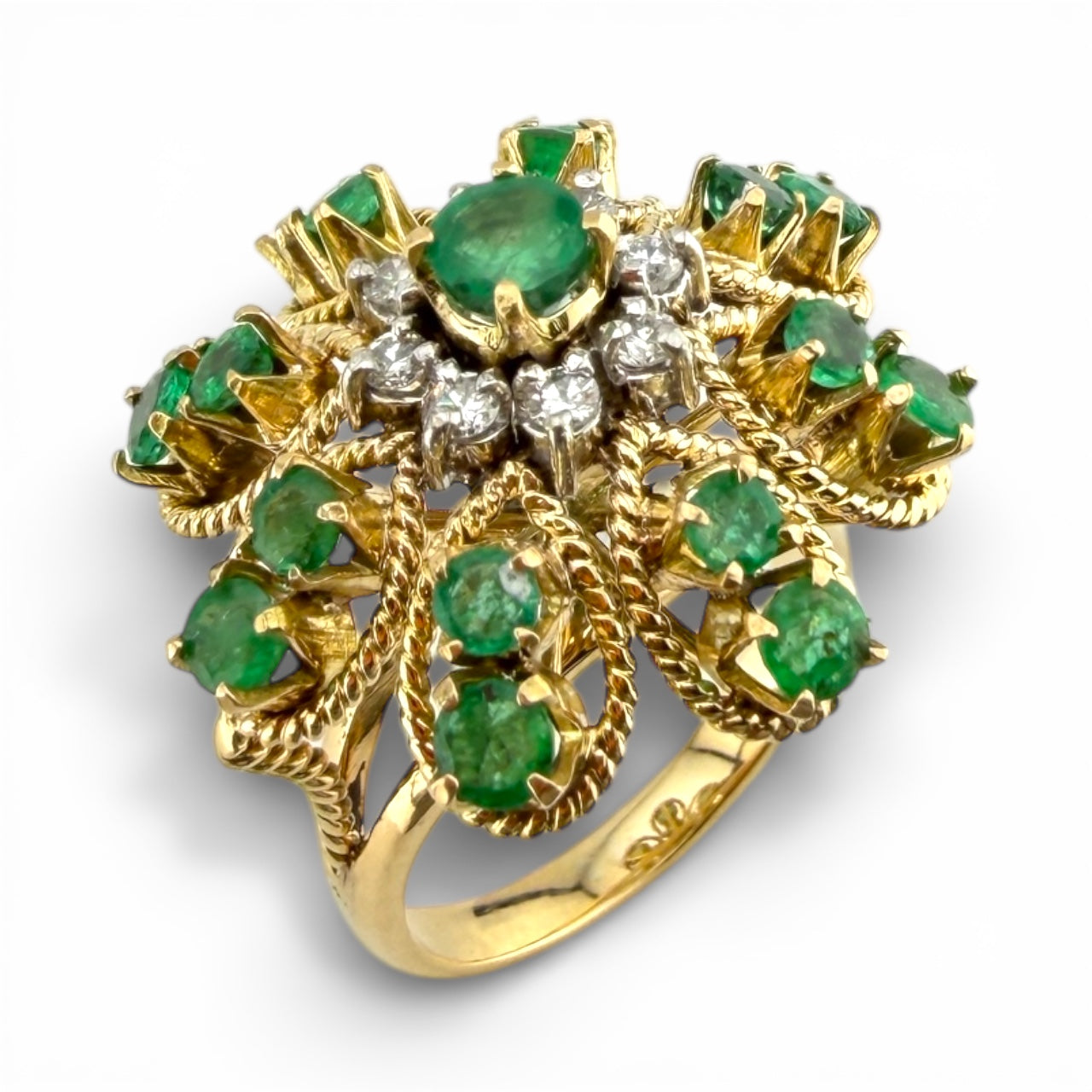 Yellow 14K Emerald & .24CTW Diamond “Flower” Ring