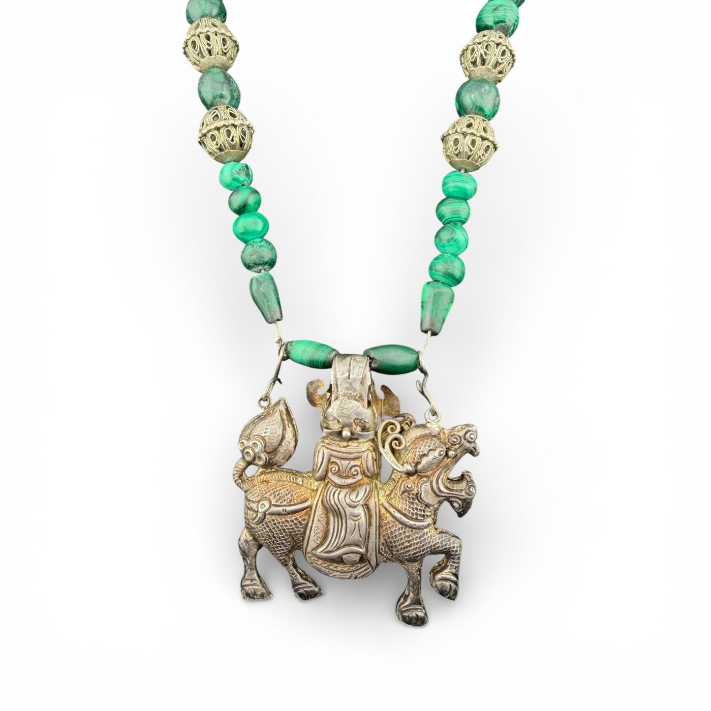 Silver & Malachite Beaded Chinese Qilin Necklace