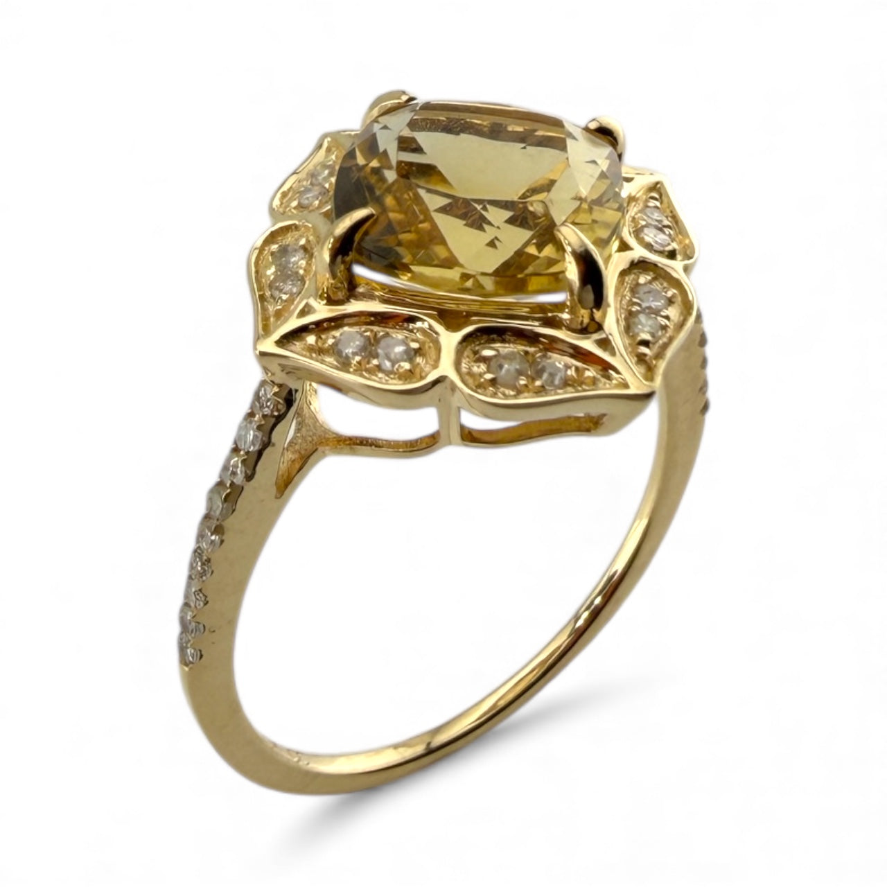 Yellow 10K Cushion Cut Citrine & .15CTW Diamond Ring