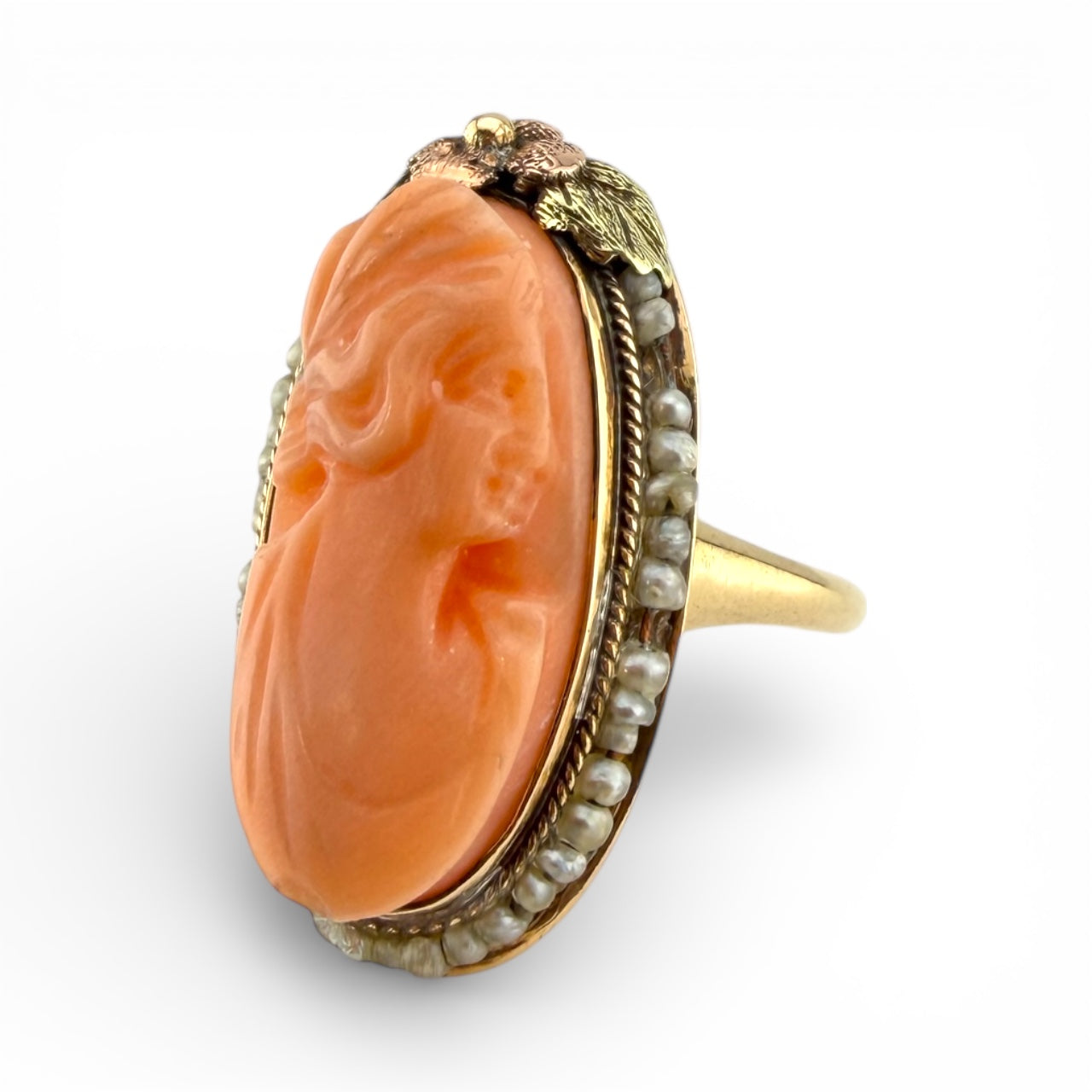 Yellow 14K Cameo & Seed Pearl Ring