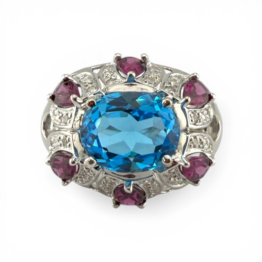 10K Blue Topaz, Amethyst & .15CTW Dia Ring