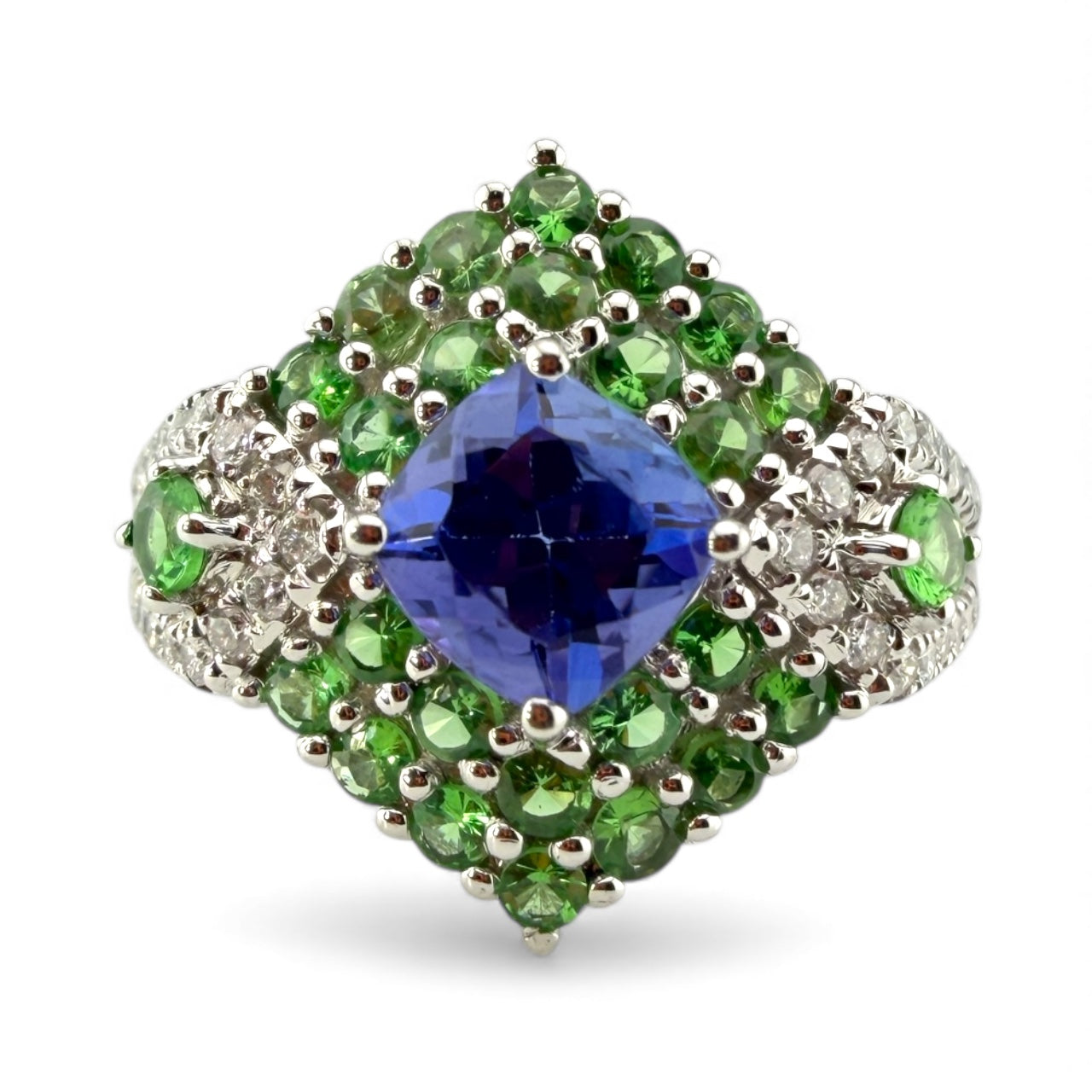 White 14K Tanzanite, Tsavorite, & Diamond Ring