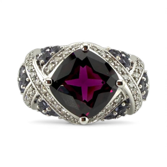 White 14K Garnet, Tanzanite, & Diamond Ring