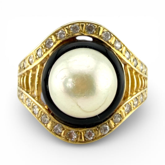 Yellow 14K Pearl, Onyx & Diamond Ring