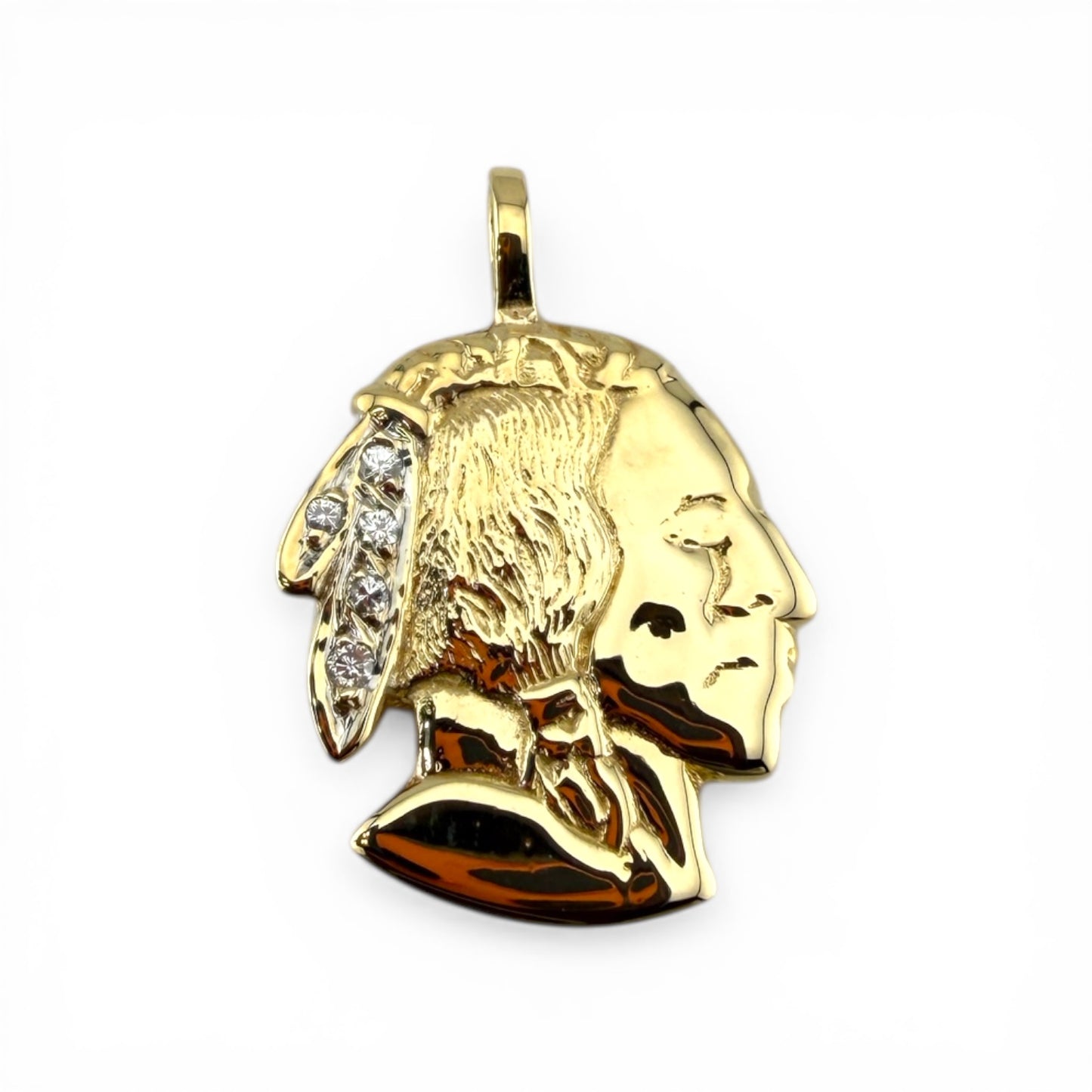 Yellow 14K Indian Head Pendant w/Diamonds