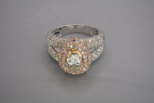18K 2 Tone 1.13CT 2.8CTW Diamond Pear Engagement Ring