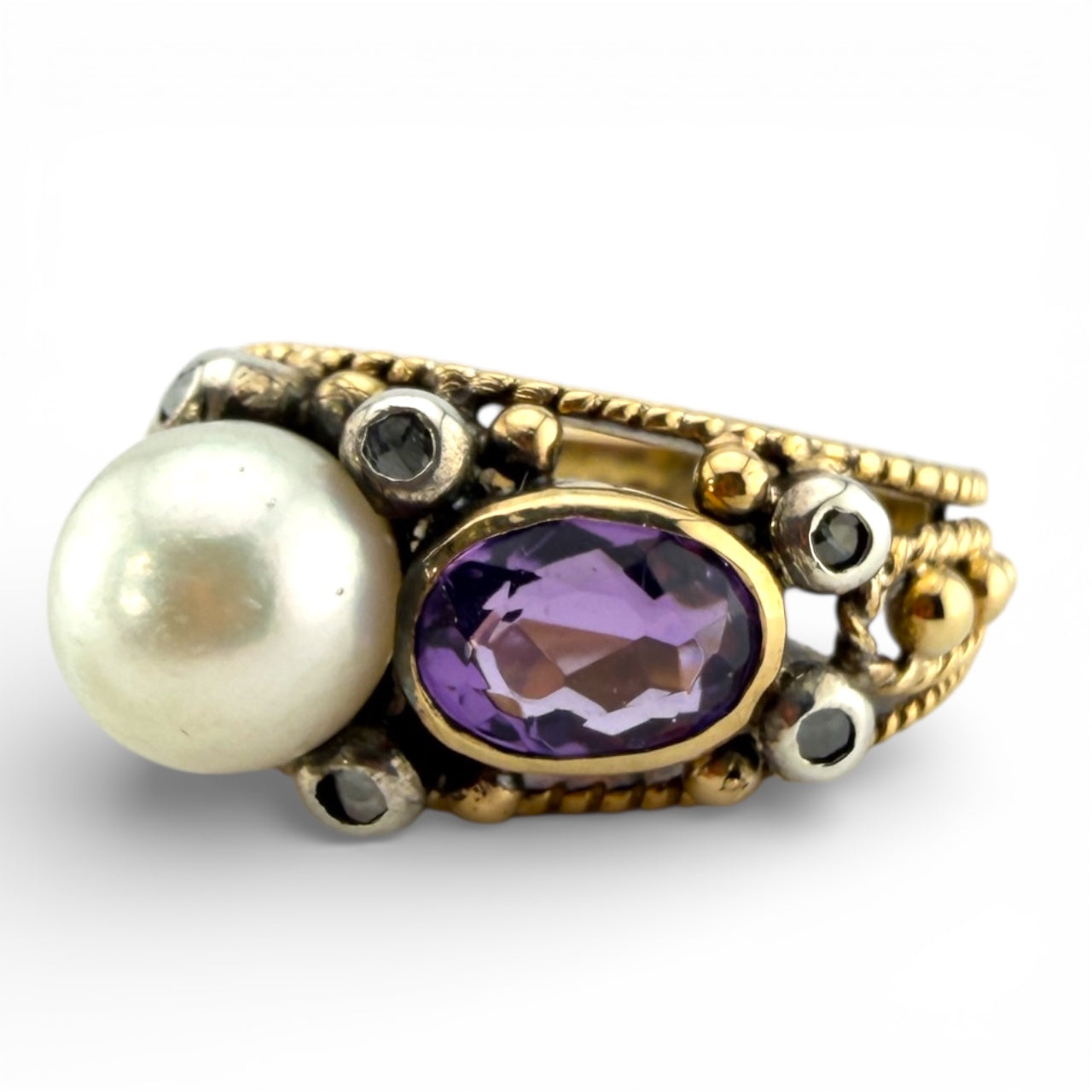 Yellow 18K Pearl w/Amethyst & .08CTW Diamond Ring