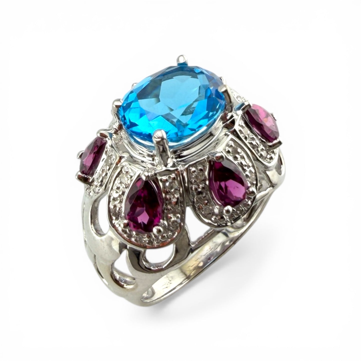 10K Blue Topaz, Amethyst & .15CTW Dia Ring