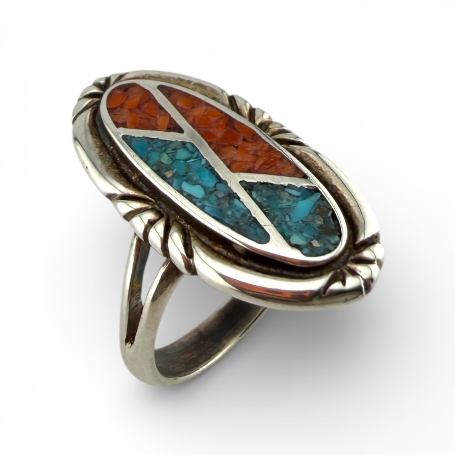 Old Pawn Silver Chipped Turquoise & Coral Ring