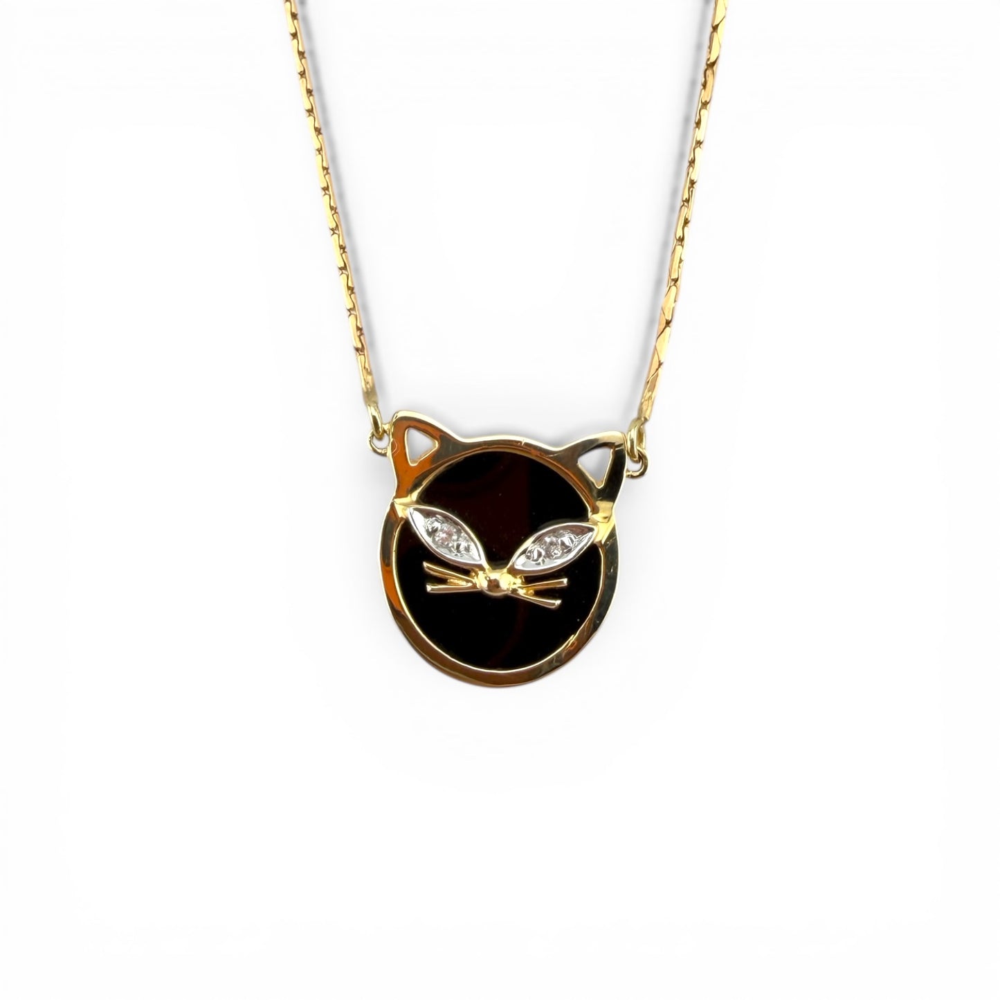 Yellow 14K Onyx & Diamond Cat 18.5” Necklace