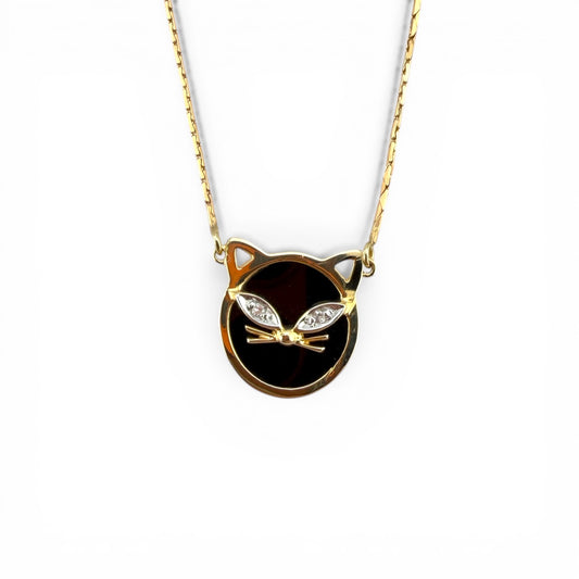 Yellow 14K Onyx & Diamond Cat Necklace