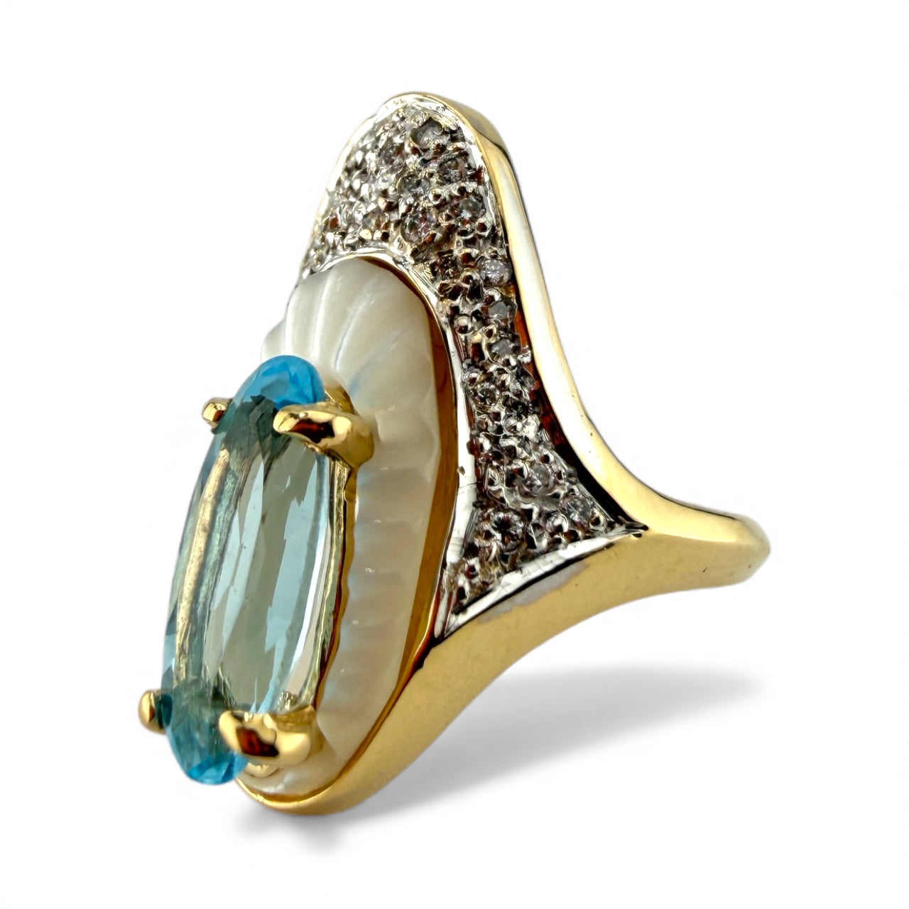 Yellow 14K Blue Topaz, Mother of Pearl, & Diamonds - Erté Style Art Deco Ring