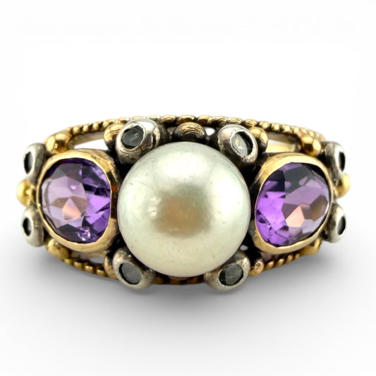 Yellow 18K Pearl w/Amethyst & .08CTW Diamond Ring