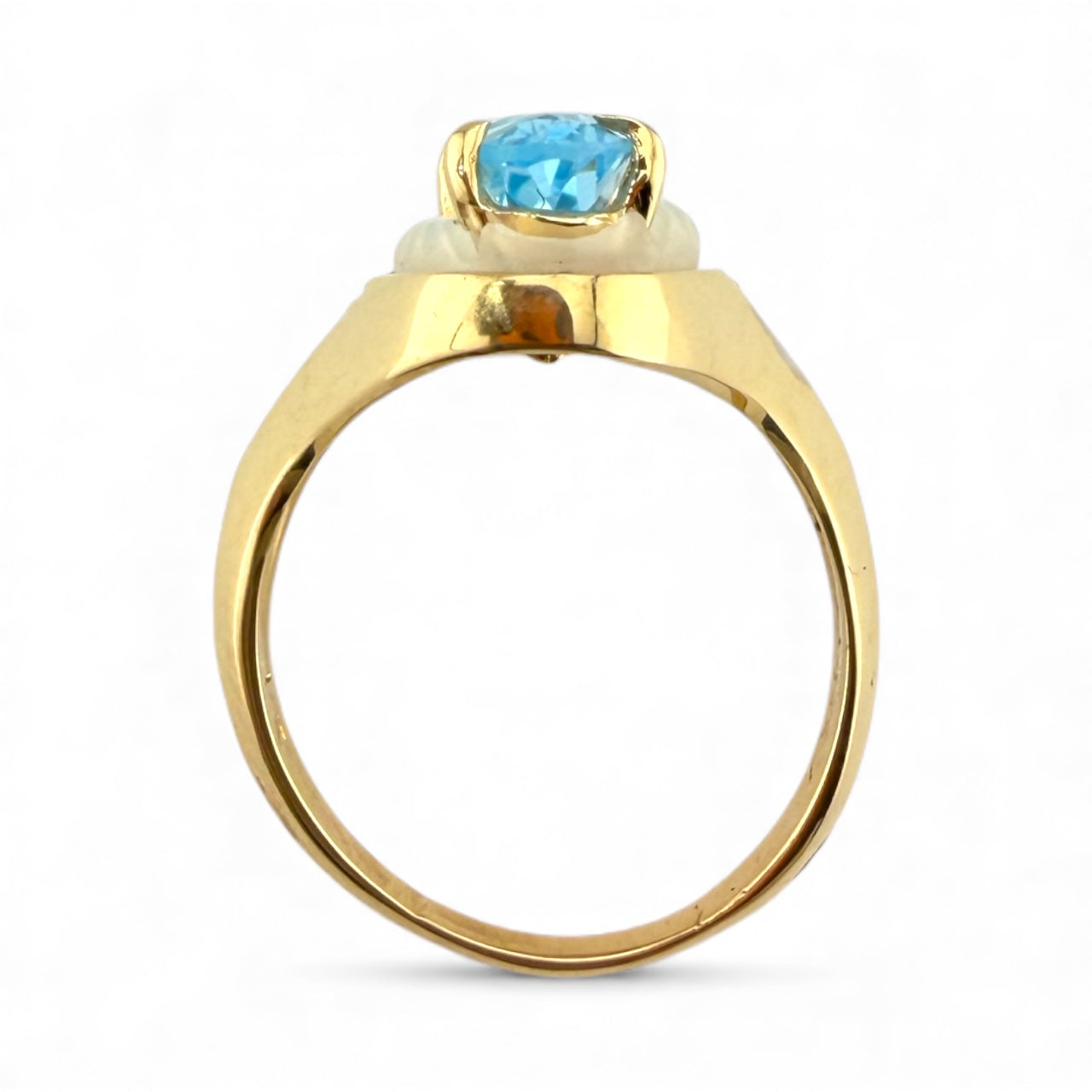 Yellow 14K Blue Topaz, Mother of Pearl, & Diamonds - Erté Style Art Deco Ring