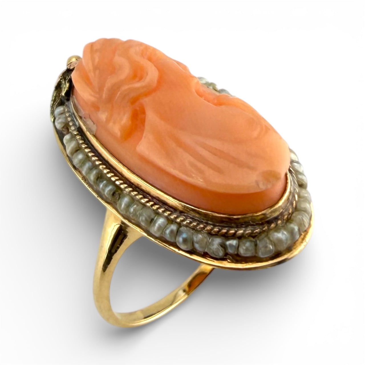 Yellow 14K Cameo & Seed Pearl Ring