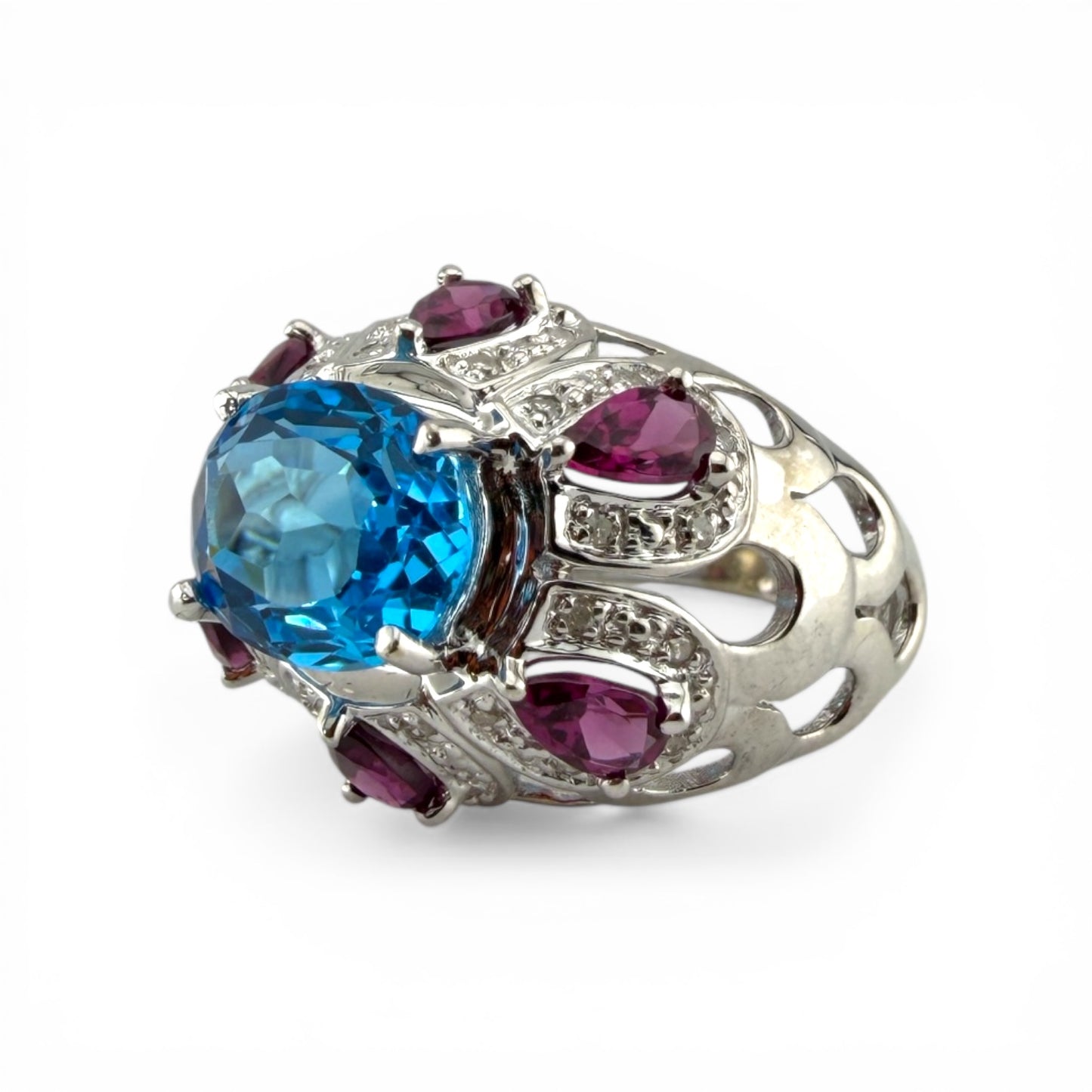 10K Blue Topaz, Amethyst & .15CTW Dia Ring