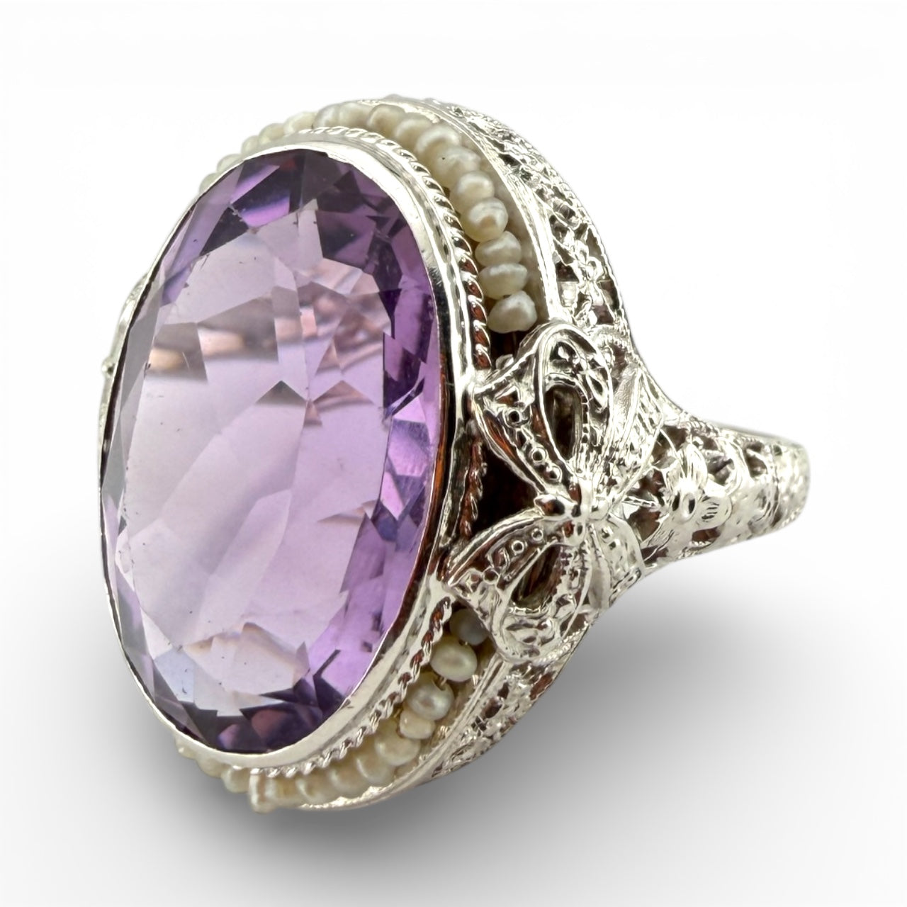 White 14K Vintage Amethyst & Seed Pearl Ring