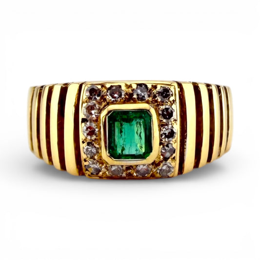 Yellow 18K Emerald & .15CTW Diamond Ring
