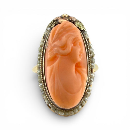 Yellow 14K Cameo & Seed Pearl Ring