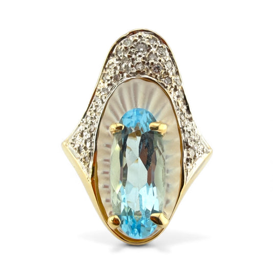Yellow 14K Blue Topaz, Mother of Pearl, & Diamonds - Erté Style Art Deco Ring