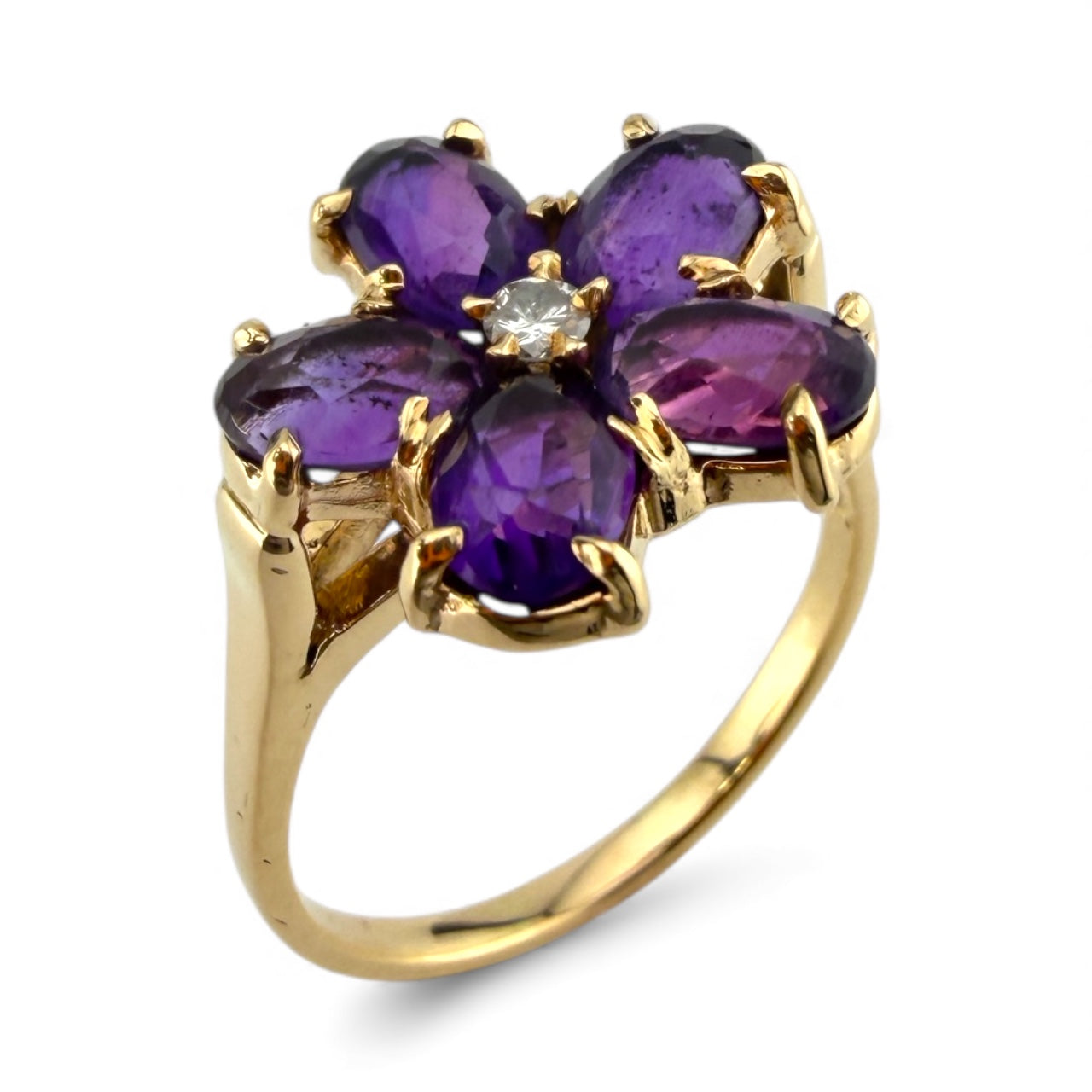 Yellow 14K Amethyst & Diamond Flower Ring