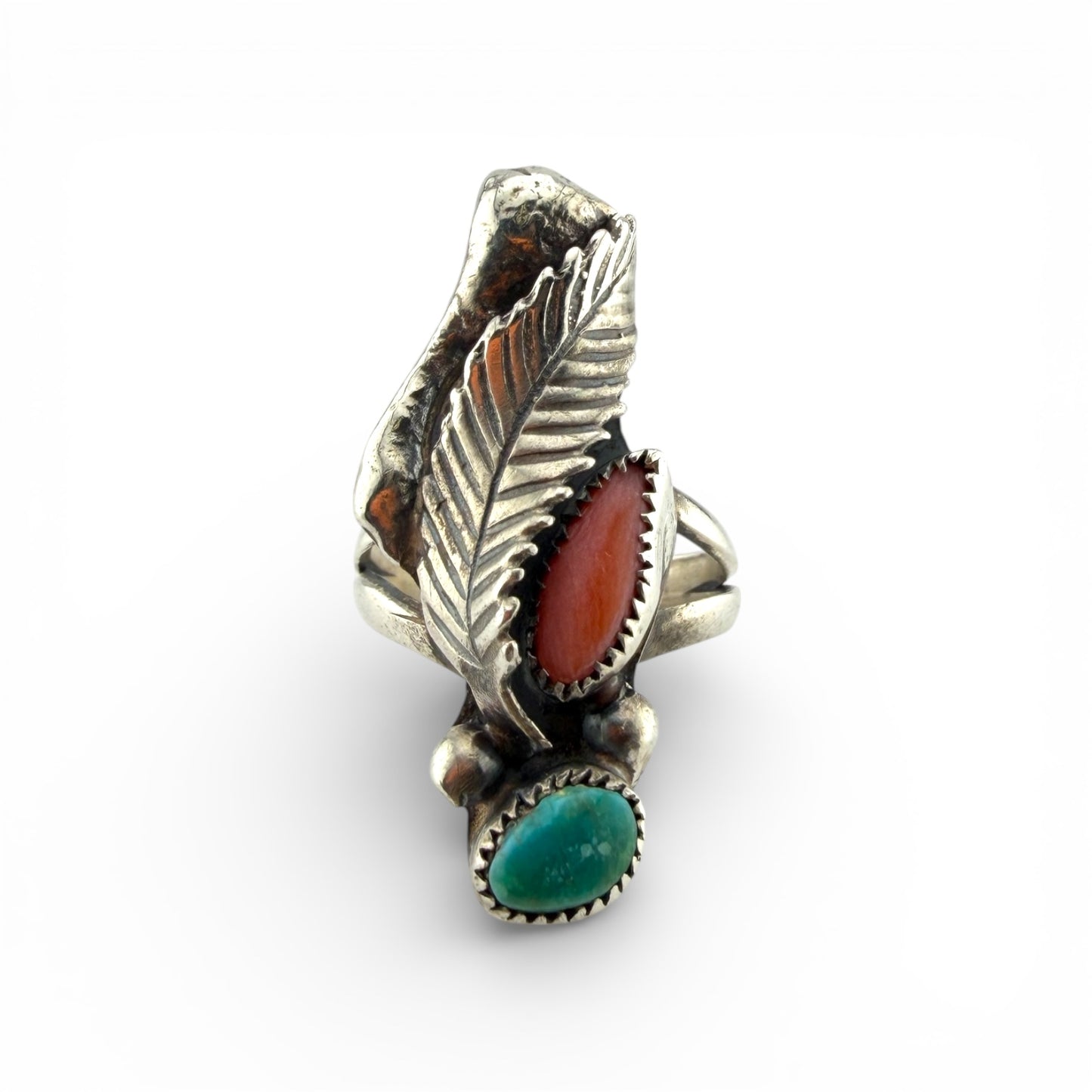 Old Pawn Silver Turquoise & Coral Ring