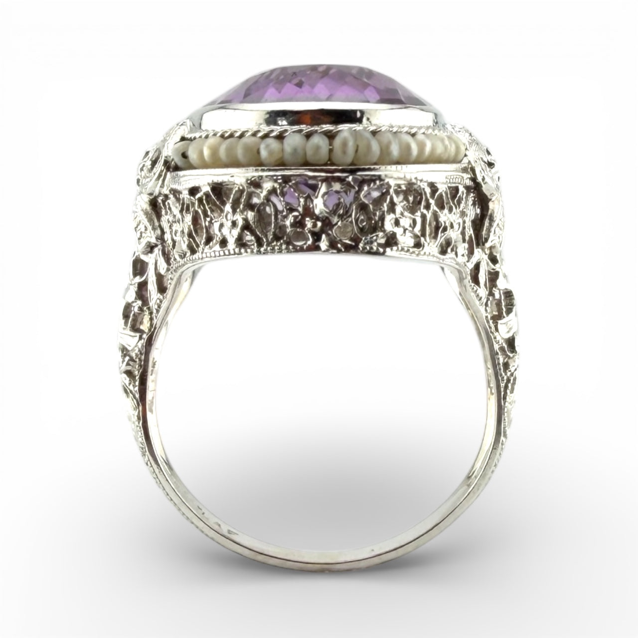 White 14K Vintage Amethyst & Seed Pearl Ring
