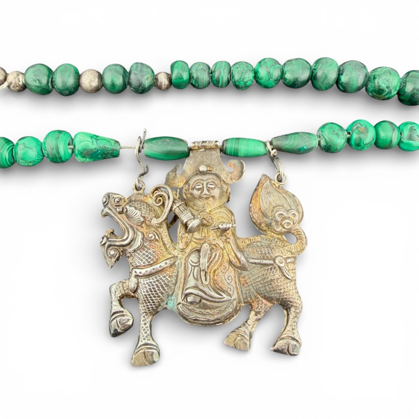 Silver & Malachite Beaded Chinese Qilin Necklace