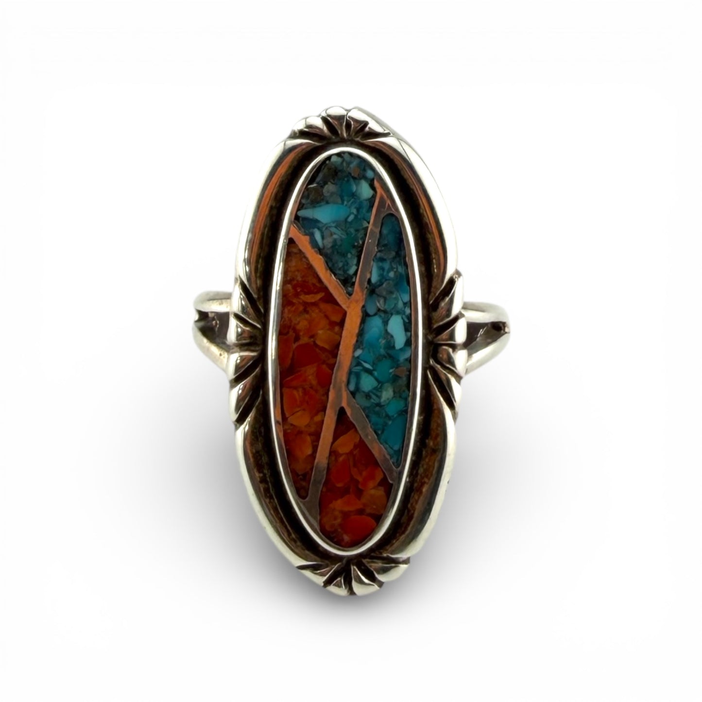 Old Pawn Silver Chipped Turquoise & Coral Ring