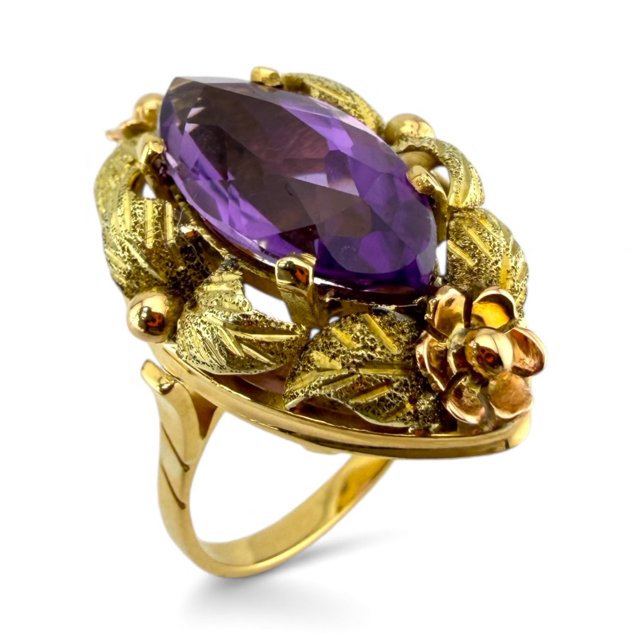 Yellow 18K Amethyst Ring w/Leaf Design