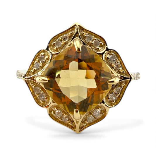 Yellow 10K Cushion Cut Citrine & .15CTW Diamond Ring
