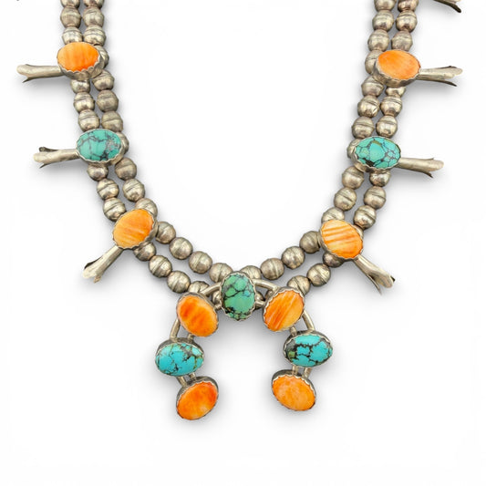 Sterling Silver Spiderweb Turquoise & Orange Spiny Oyster Squash Blossom Necklace