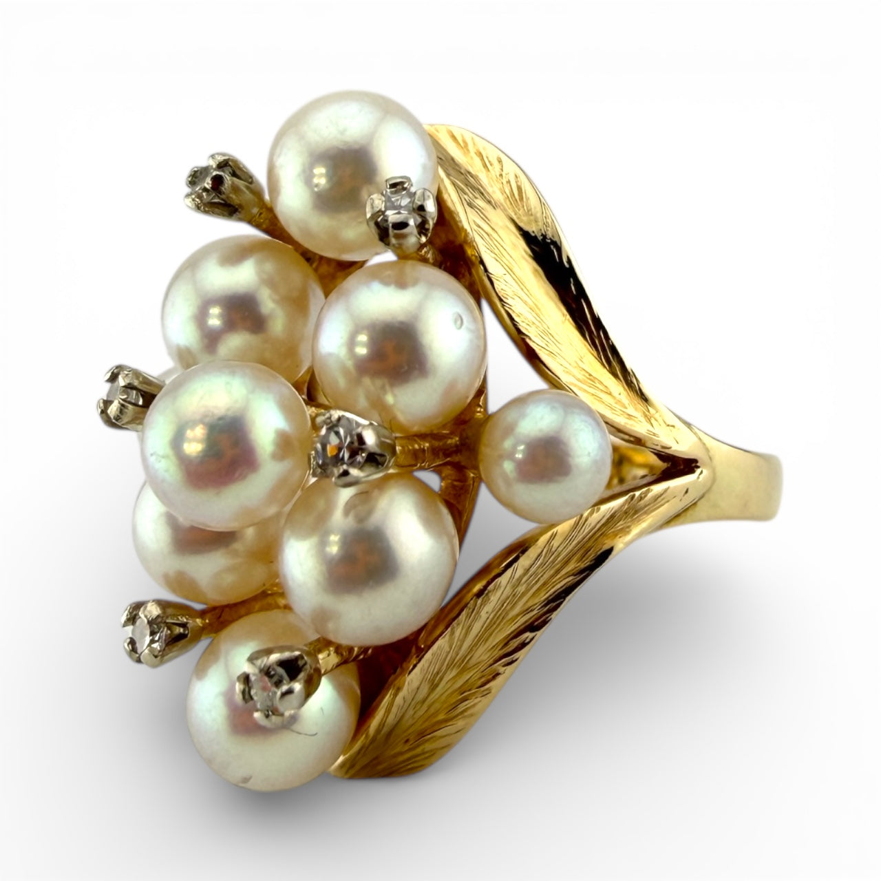 Yellow 14K Pearl & .03CTW Diamond w/Leaf Design Ring