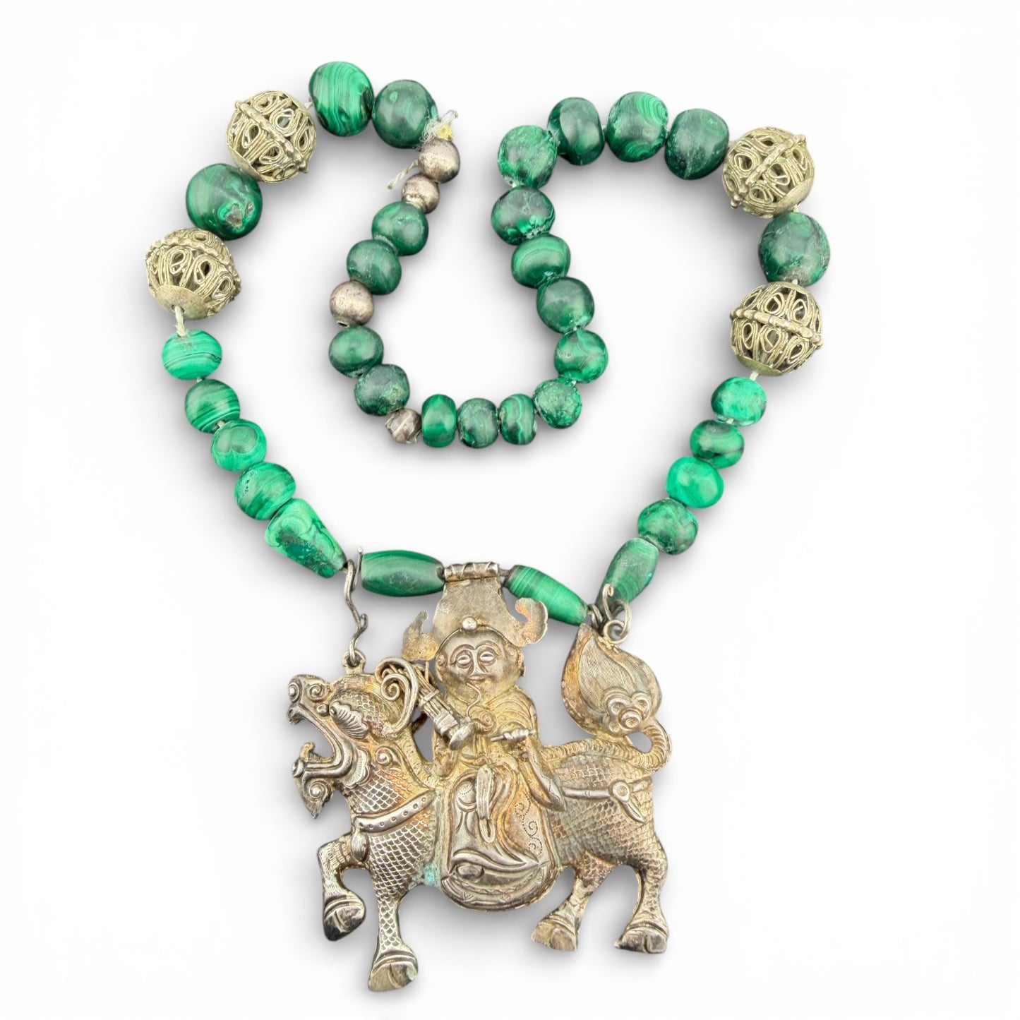 Silver & Malachite Beaded Chinese Qilin Necklace
