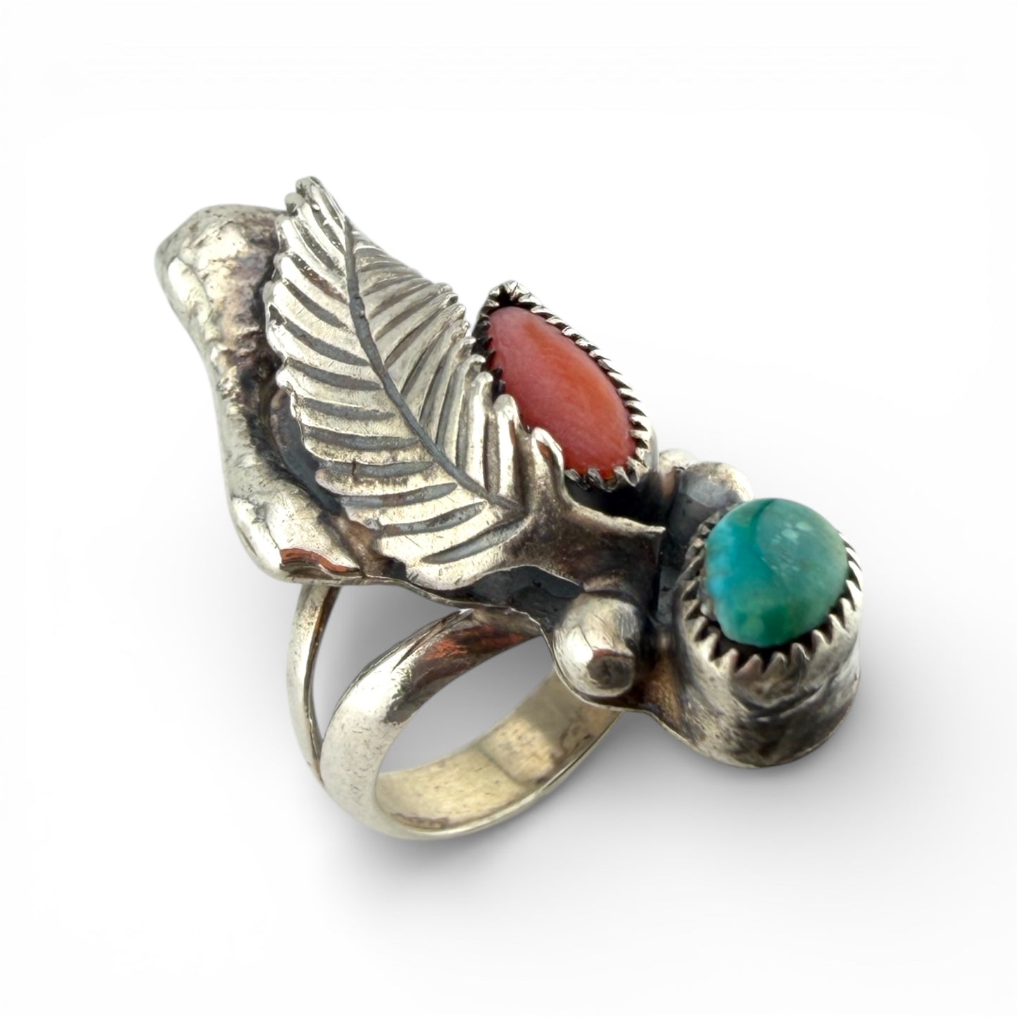 Old Pawn Silver Turquoise & Coral Ring