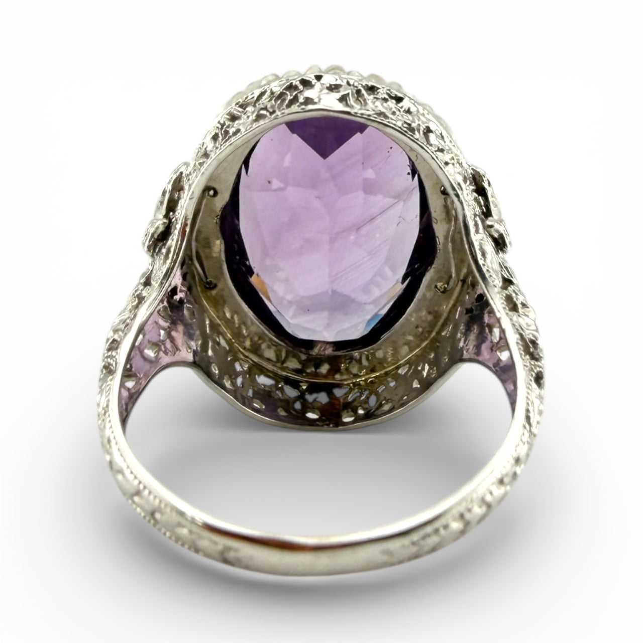 White 14K Vintage Amethyst & Seed Pearl Ring