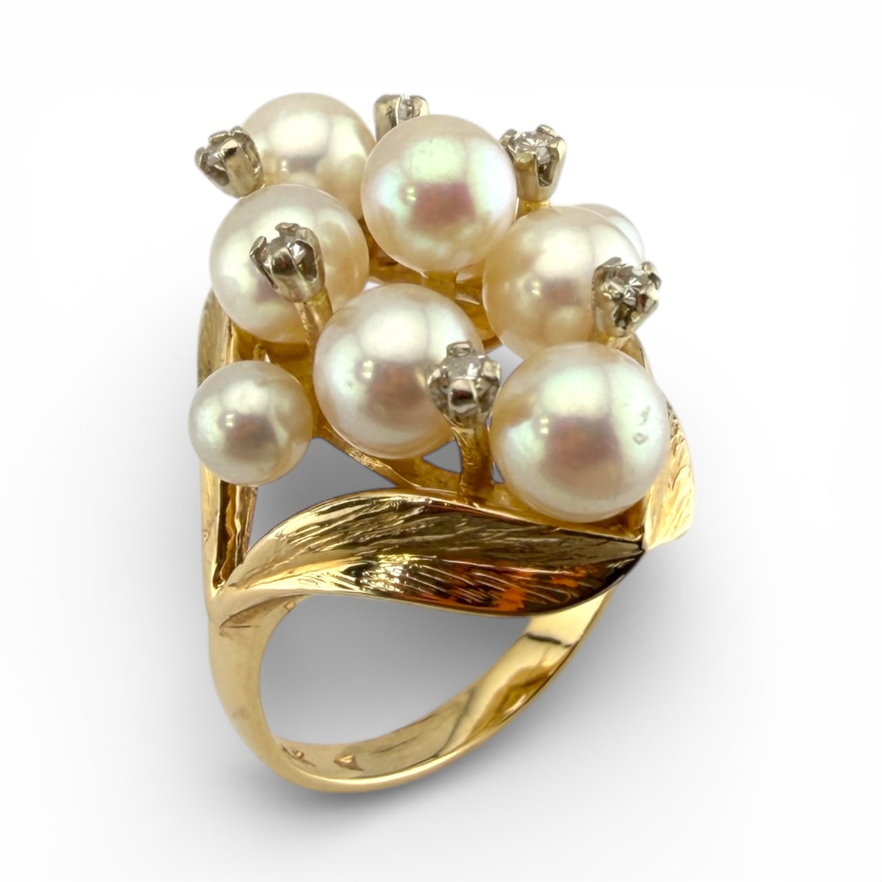 Yellow 14K Pearl & .03CTW Diamond w/Leaf Design Ring