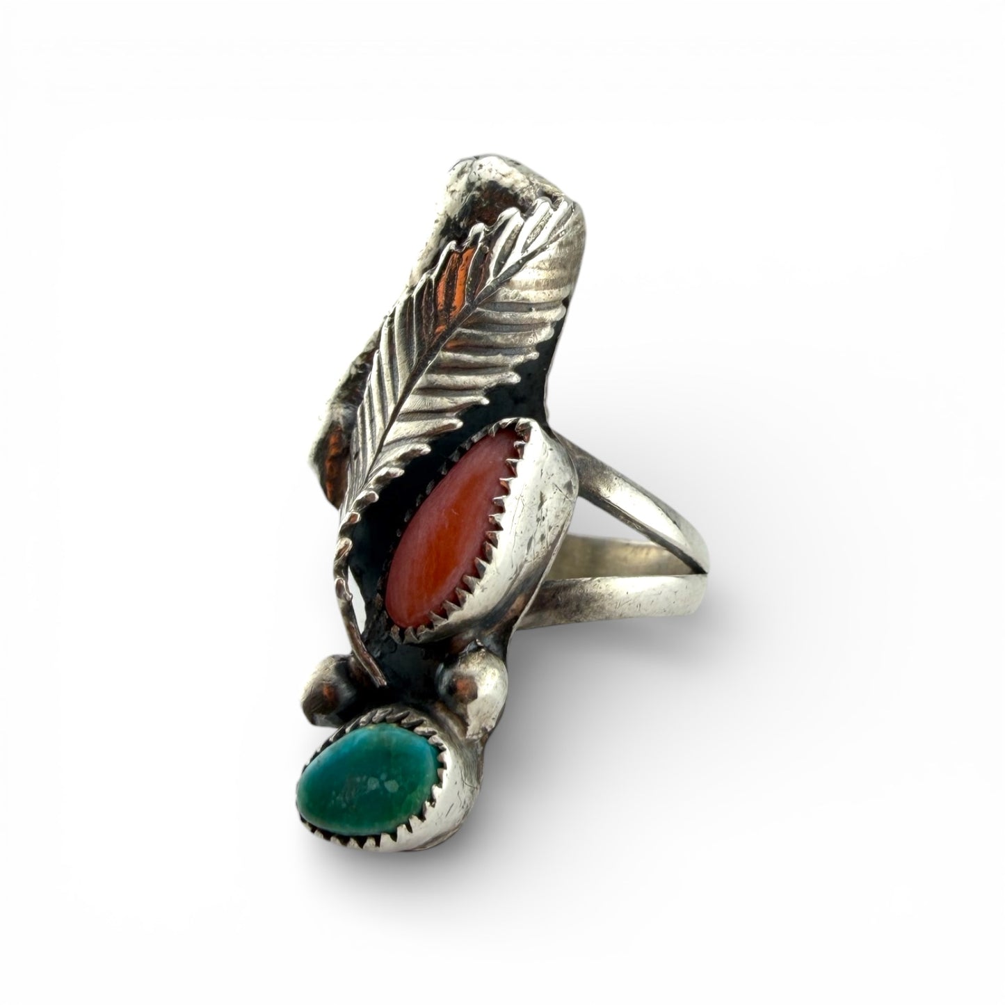 Old Pawn Silver Turquoise & Coral Ring