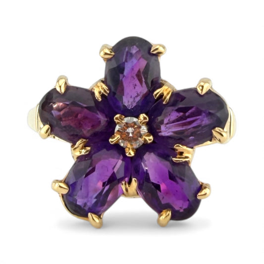 Yellow 14K Amethyst & Diamond Flower Ring