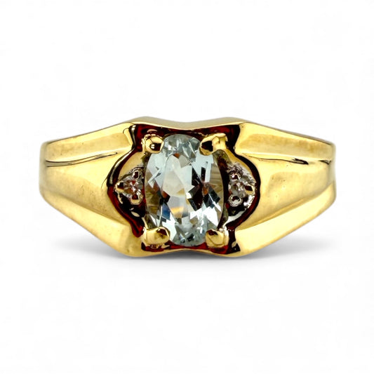 Yellow 10K Aquamarine & Diamond Ring
