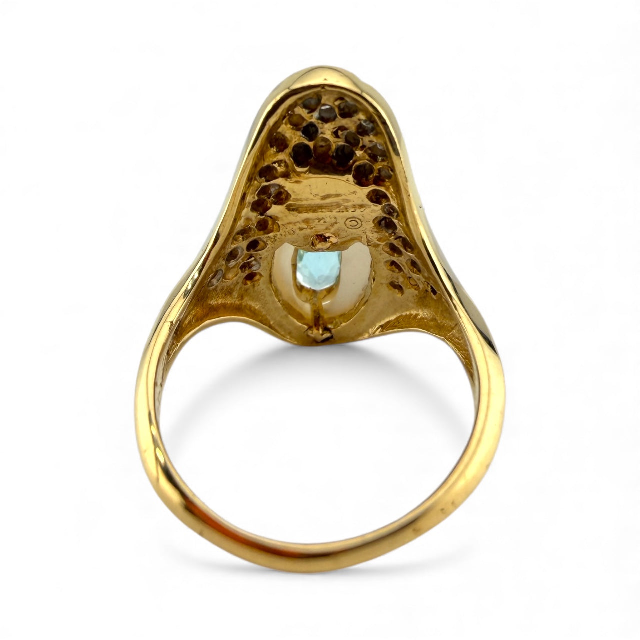 Yellow 14K Blue Topaz, Mother of Pearl, & Diamonds - Erté Style Art Deco Ring