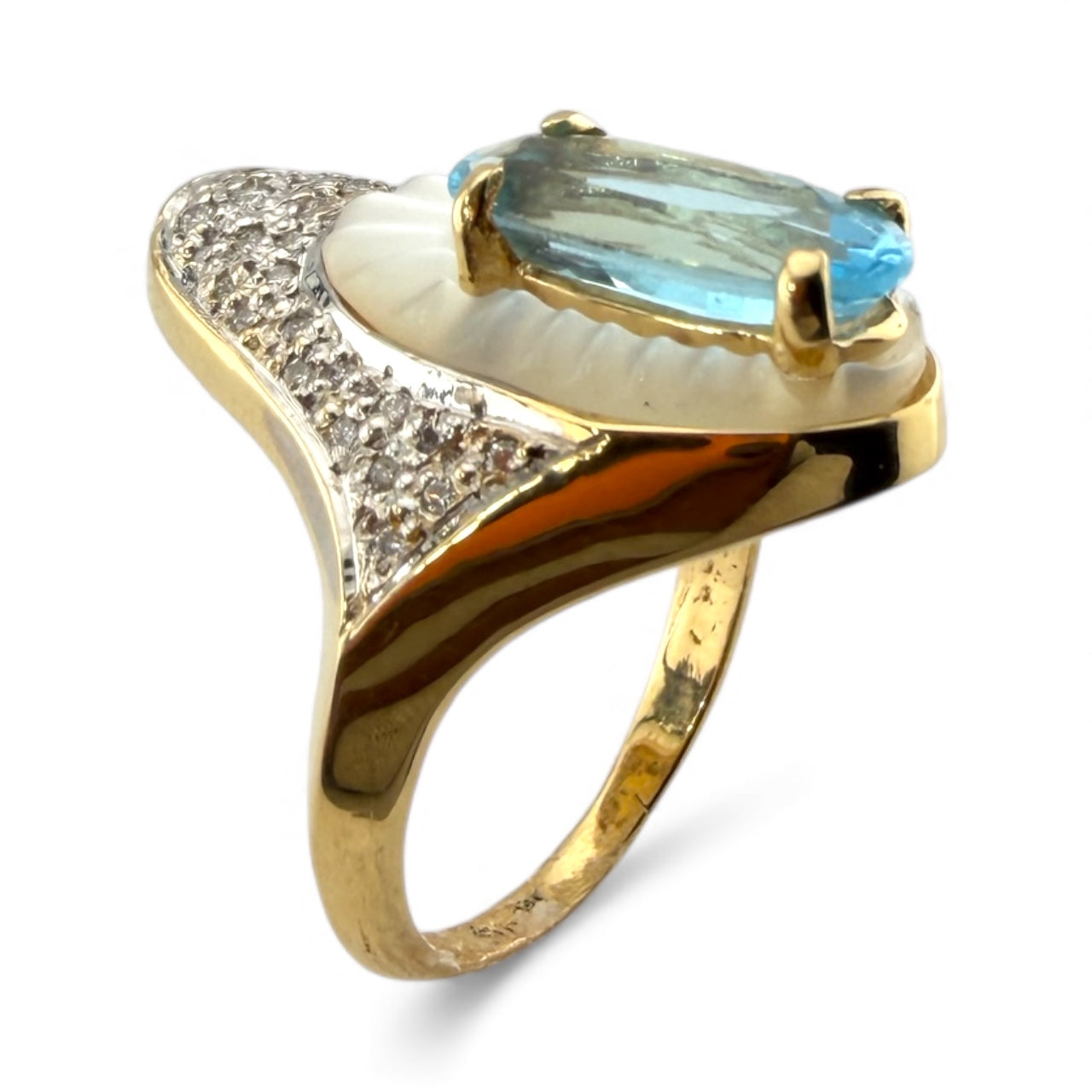 Yellow 14K Blue Topaz, Mother of Pearl, & Diamonds - Erté Style Art Deco Ring