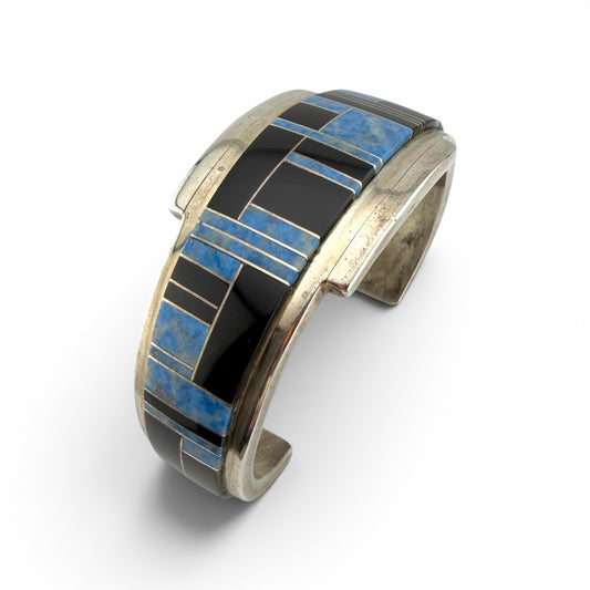 Native American Sterling Silver Blue & Black Inlayed Bracelet